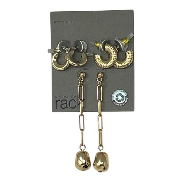 Nordstrom Rack Gold Earring Set – 3 Pairs Hoop & Drop Styles New on Card - Picture 3 of 3
